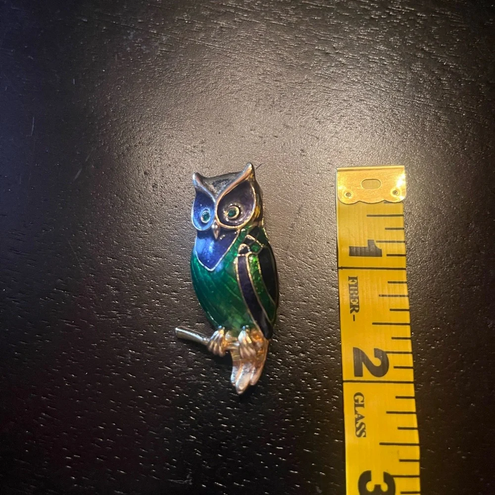 Vintage Green and Blue Enamel Owl Brooch